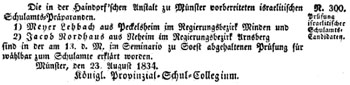 Jacob Nordhaus: offizielle Mitteilung über das bestandene Lehrerexamen (1834)  