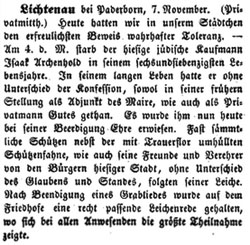 Nachruf auf Isaak Archenhold, Allgemeine Zeitung des Judentums, 24.11.1845  