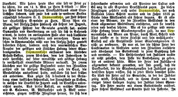 Würdigung Liepmannssohn zum 50. Dienstjubläum. <i>Der Israelitische Lehrer</i> 7.5.1866; zuerst in <i>Der Patriot</i>, Lippstadt, 25.3.1866  