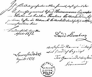 Einverständniserklärung des Vaters David Löwenherz zur Heirat seines Sohns Heinemann mit Pauline Rothschild vom 8.4.1872, wie sie damals bei der Heirat der Kinder notwendig war  