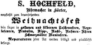 Anzeige Samuel Hochfelds vom 20.12.1873  