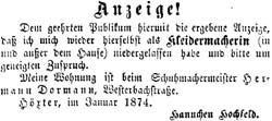 Zeitungsanzeige der „Kleidermacherin“ Hannchen Hochfeld vom 31.1.1874  