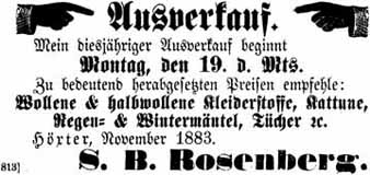Nach Simson Baer Rosenbergs Tod wurde das Geschäft bis zur Schließung unter seinem Namen weitergeführt (Stadt- und Dorfzeitung 17.11.1883)  