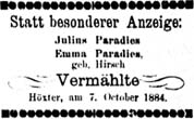 Anzeige der Heirat von Julius Paradies mit seiner zweiten Frau Emma Hirsch, StDZ 7.10.1884  