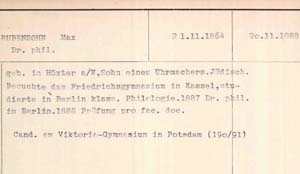 Schulamtliche Karteikarte über das Probejahr Max Rubensohns als Lehrer am Viktoria-Gymnasium in Potsdam, 1887/88  