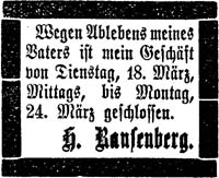 Anzeige des Sohns Hermann Ransenberg beim Tod seines Vaters Moses, 18.3.1902  