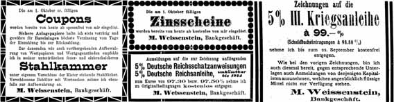 Zeitungsanzeigen des Bankgeschäfts Weißenstein aus den Jahren 1912 bis 1915  
