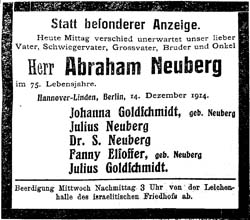 Todesanzeige für Abraham Neuberg (Huxaria)  