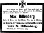 Todesanzeige für Max Dillenberg, Huxaria 17.11.1914  