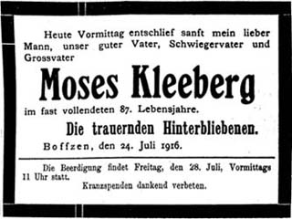 Todesanzeige für Nathans Bruder Moses Kleeberg, Huxaria, 27.7.1916  