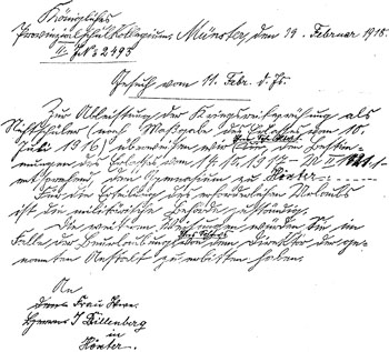 Genehmigung der Kriegsreifeprüfung für Albert Dillenberg (Anschreiben des Provinzialschulkollegiums an die Eltern)  