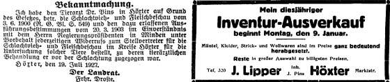 Bestellung von Dr. Pins als Fleischbeschauer, 25.7.1927 – Geschäftsanzeige von Ida Pins, 7.1.1928  