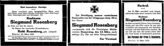 Anzeigen zum Tod Siegmund Rosenbergs am 10. März 1930  
