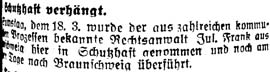 Zeitungsmeldung über die Verhaftung Julius Franks, 21.3.1933  