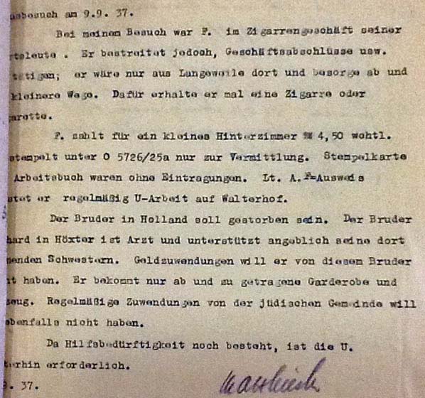 Bericht der Wohlfahrtsbehörde über einen Hausbesuch bei Emil Frankenberg am 9.9.1937  
