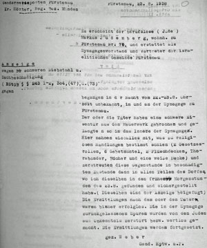Anzeige des Synagogenvorstehers Markus Judenberg wegen der Schändung der Synagoge in Fürstenau, 23.8.1938 Anzeige des Synagogenvorstehers Markus Judenberg wegen der Schändung der Synagoge in Fürstenau, 23.8.1938