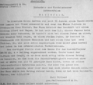 Unterstützungsbrief der Firma Waffenschmidt für Bernhard Stamm, 1.10.1938  