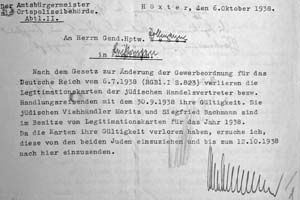 Siegfried und Moritz Bachmann verlieren zum 30.9.1938 ihre Legitimationskarten als Viehhändler  