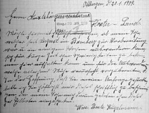 Antrag Beate Kugelmanns auf Zuzugsgenehmigung des Sohns Erich in Ottbergen, 1939  