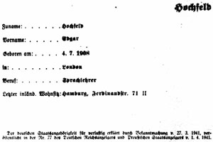 Aberkennung der deutschen Staatsbürgerschaft von Edgar Hochfeld zum 27.3.1941  