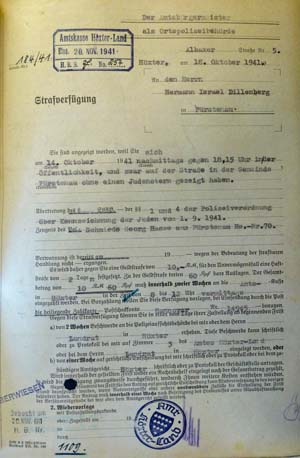 Bestrafung Hermann Dillenberg (10 RM) wegen Nicht-Tragens des Judensterns, 18.10.1941; seine Frau Rosa erhielt dieselbe Strafe  