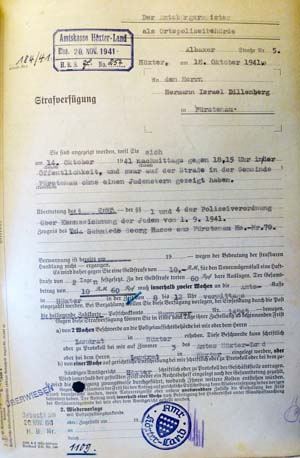 Strafverfügung gegen Hermann Dillenberg wegen Nicht-Tragens des Judensterns, 10.10.1941  