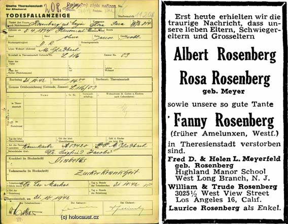 Todesfallanzeige für Rosa Rosenberg in Theresienstadt und Todesanzeige der Kinder für die Eltern und die Tante Fanny (Aufbau, 20.7.1945)  