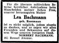 Danksagung für die Anteilnahme nach dem Tod von Lea Bachmann, Aufbau 19.3.1943  