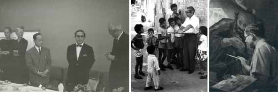 Jacob Pins 1962 beim Empfang in Tokio, um 1965 mit Kindern beim Skizzieren auf der Straße und im Atelier bei der Arbeit an einem Gemälde  