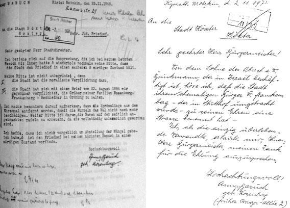 Briefe Anny Baruchs an die Stadt Höxter vom 2.12.1968 und vom 2.11.1973  