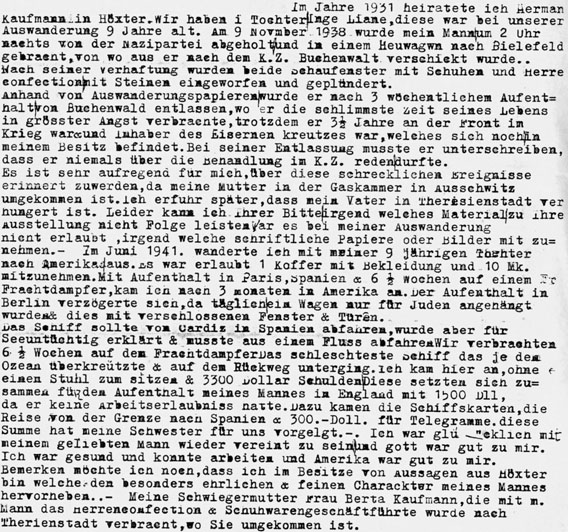 Aus einem Brief von Lilly Kaufmann nach Höxter, 30.9.1988  