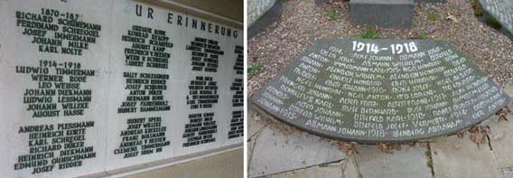 Die Namen der jüdischen Kriegsopfer Sally Schlesinger und Abraham Dillenberg auf den Gedenkmälern in Albaxen und Ovenhausen  