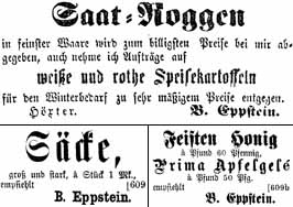 Drei Anzeigen Bendix Eppsteins von 1873 und 1884  