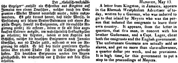 Meldungen in der <i>Bayerischen Landbötin</i> 1835, 1, S. 559 und in <i>The Royal Gazette,</i> 11.8.1835  