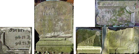 Fragmente der zerstörten Grabsteine von Israel Bernstein, seiner ersten Frau Ricka geb. Sudheim und seiner zweiten Frau Caroline geb. Rosenthal  