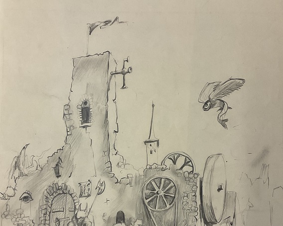 Burg mit fliegendem Fisch - Detail, Bleistift auf Papier, 1962