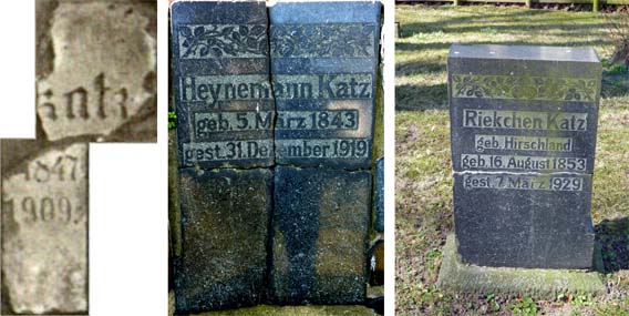 Bruchstücke des zerstörten Grabsteins von Levi Katz, der ins Ehrenmal eingesetzte Grabstein für Heinemann Katz und der unvollständig wieder aufgerichtete Grabstein für dessen Frau Rica  