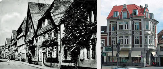 Die Häuser der beiden Familien Bernstein: Westerbachstraße 18 (ganz rechts, angeschnitten) und Am Rathaus 13 (neu errichtetes Haus von 1899)   