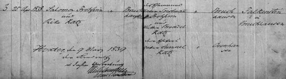 Heiratseintrag für Salomon Frohsinn und Rike Katz im Zivilstandsregister (25.4.1838)  