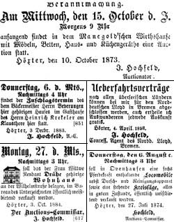 Fünf der zahlreichen Anzeigen Josef Hochfelds zwischen 1870 und 1900  