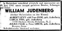 Todesanzeige für William (Willi) Judenberg, Aufbau 25.7.1947  