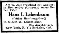 Todesanzeige für Hans Lebenbaum, Aufbau 25.7.1941  