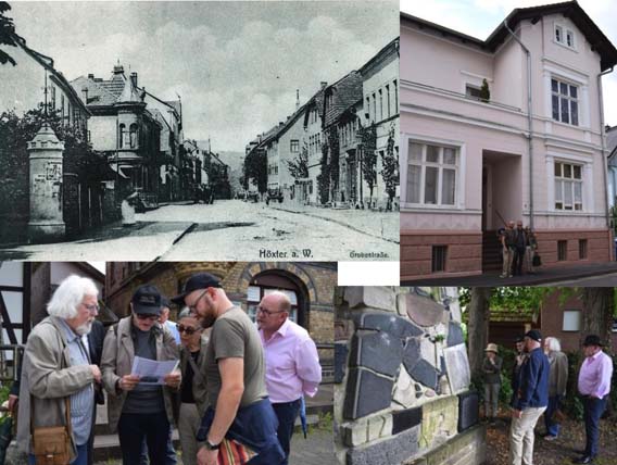 Oben: Das ehemalige Haus von Heinemann Löwenherz Grubestr. 6 (= Corbiestr. 6); das Haus Bismarckstr. 1, errichtet von Nathan Löwenherz. Unten: Familie Löwenherz in der Corbiestraße und am Grabstein von Heinemann Löwenherz auf dem jüdischen Friedhof  