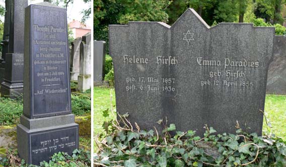 Die Grabsteine für Theophil Paradies und seine Stiefmutter Emma, geb. Hirsch auf dem jüdischen Friedhof am Stadtfriedhof in Göttingen  