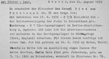 Passantrag, StA Hx, D-Hx-Land 034/038, 21.8.1939  