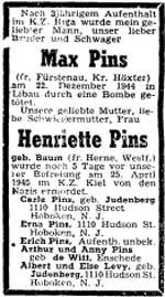 Todesanzeige für Max Pins und seine Mutter, Aufbau 21.12.1945  