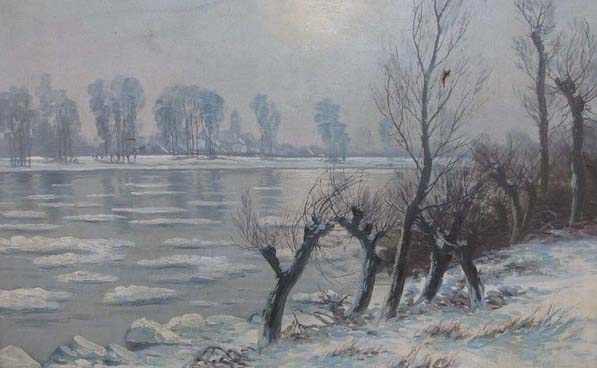 Eisschollen auf der Weser. Im Hintergrund Lüchtringen. Gemälde aus dem Anfang des 20. Jahrhunderts von R. Steinberg (aus der Lüchtringer Familie?)  