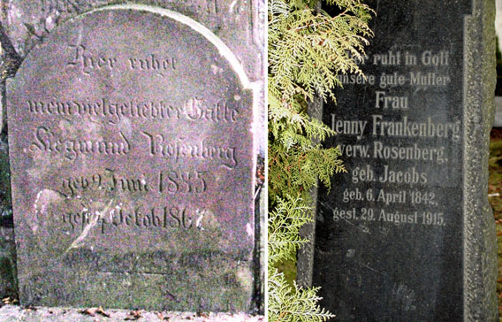 Die Grabsteine von Siegmund Rosenberg und seiner Frau Jenny Frankenberg geb. Jacobs verw. Rosenberg auf dem jüdischen Friedhof in Höxter  