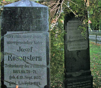 Die Grabsteine von Joseph und Sara Rosenstern, ersterer eingefügt im Gedenkmal, der andere frei stehend  