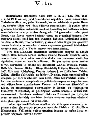 Der auf Latein verfasste Lebenslauf Max Rubensohns in seiner Dissertation, 1887  